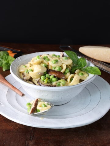 Spoonful of fresh pea shiitake orecchiette pasta resting on a small plate holding a bowl of the freshly made pasta and mushrooms with peas.