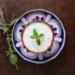 Mint sprig resting in the center of a bowl of creamy mint yogurt sauce.