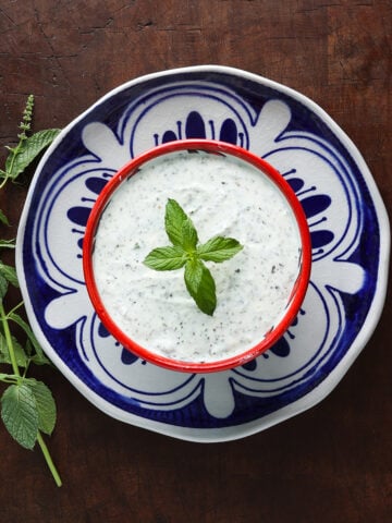 Mint sprig resting in the center of a bowl of creamy mint yogurt sauce.