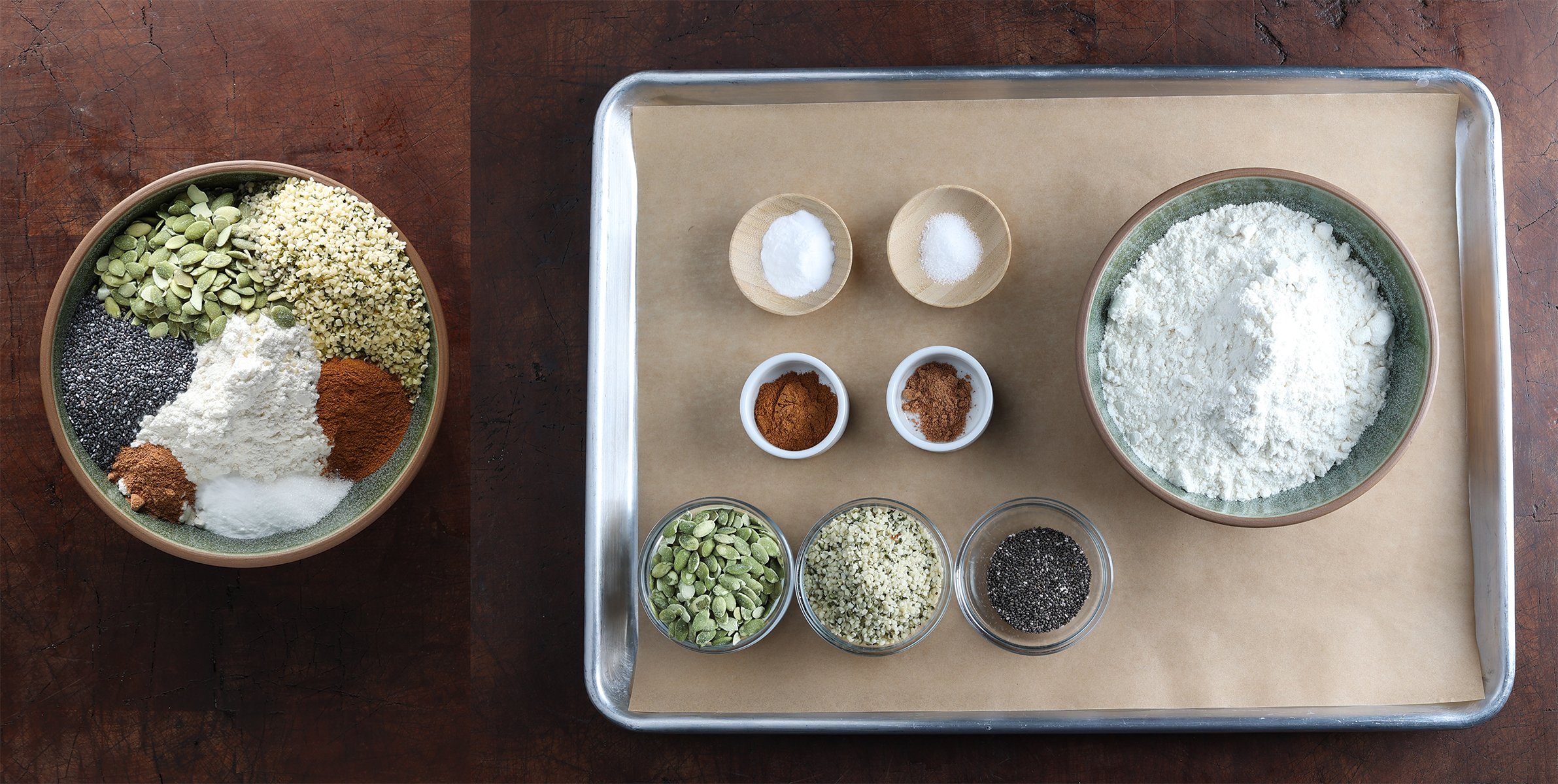 Dry ingredient process shots from measured out to added to a bowl.