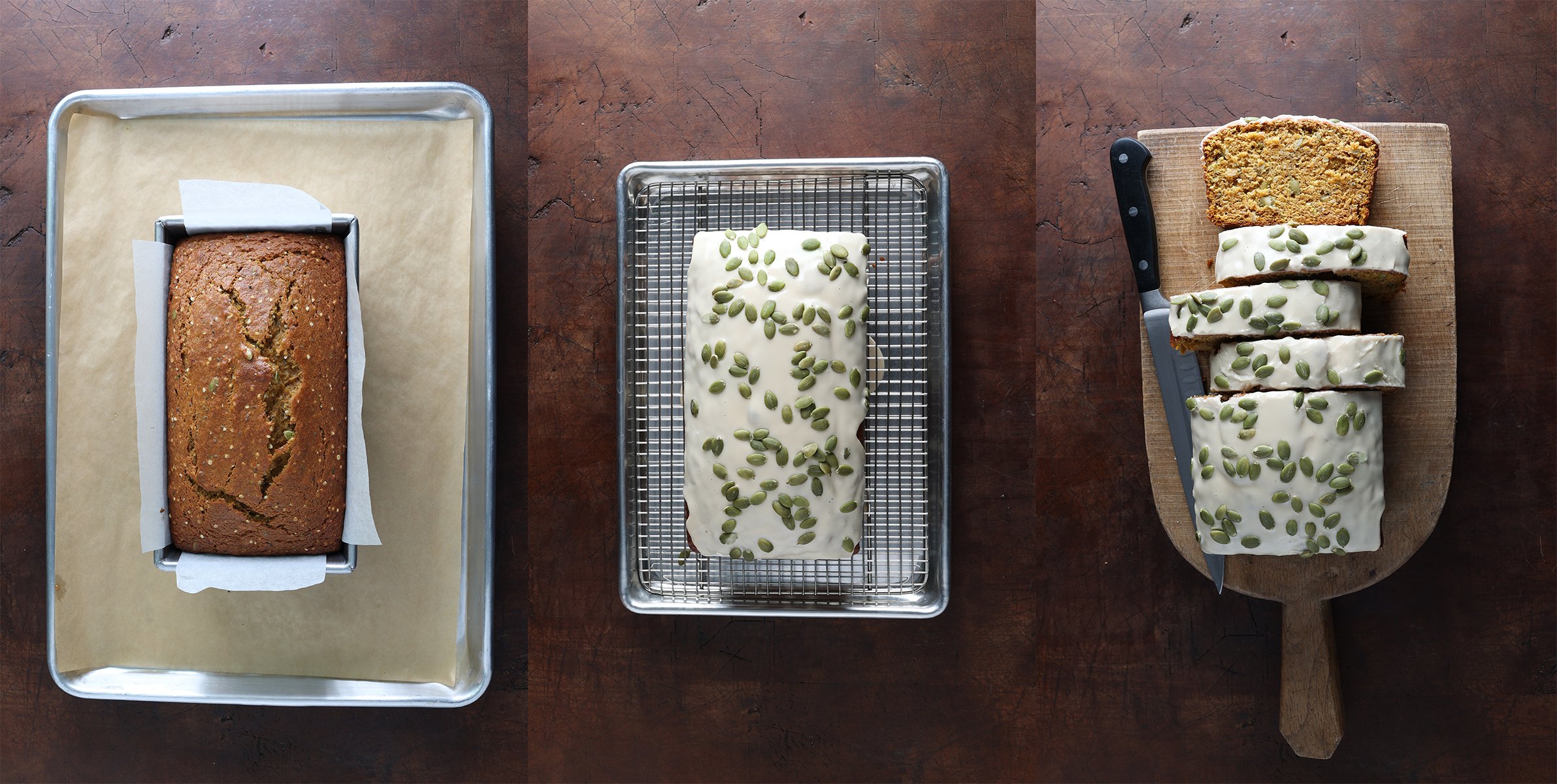 Process shots of baked harvest pumpkin loaf in a loaf pan to glaze being poured on top and then shown with thick slices cut for serving.