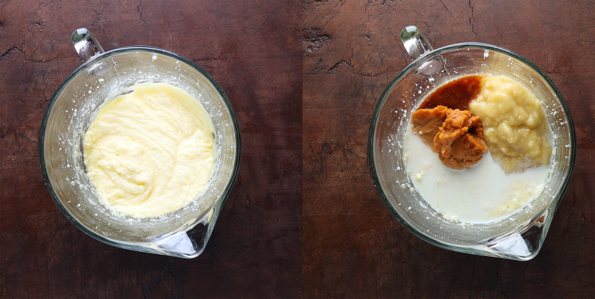 Wet ingredients added to a glass bowl and a second photo showing the ingredients combined well.