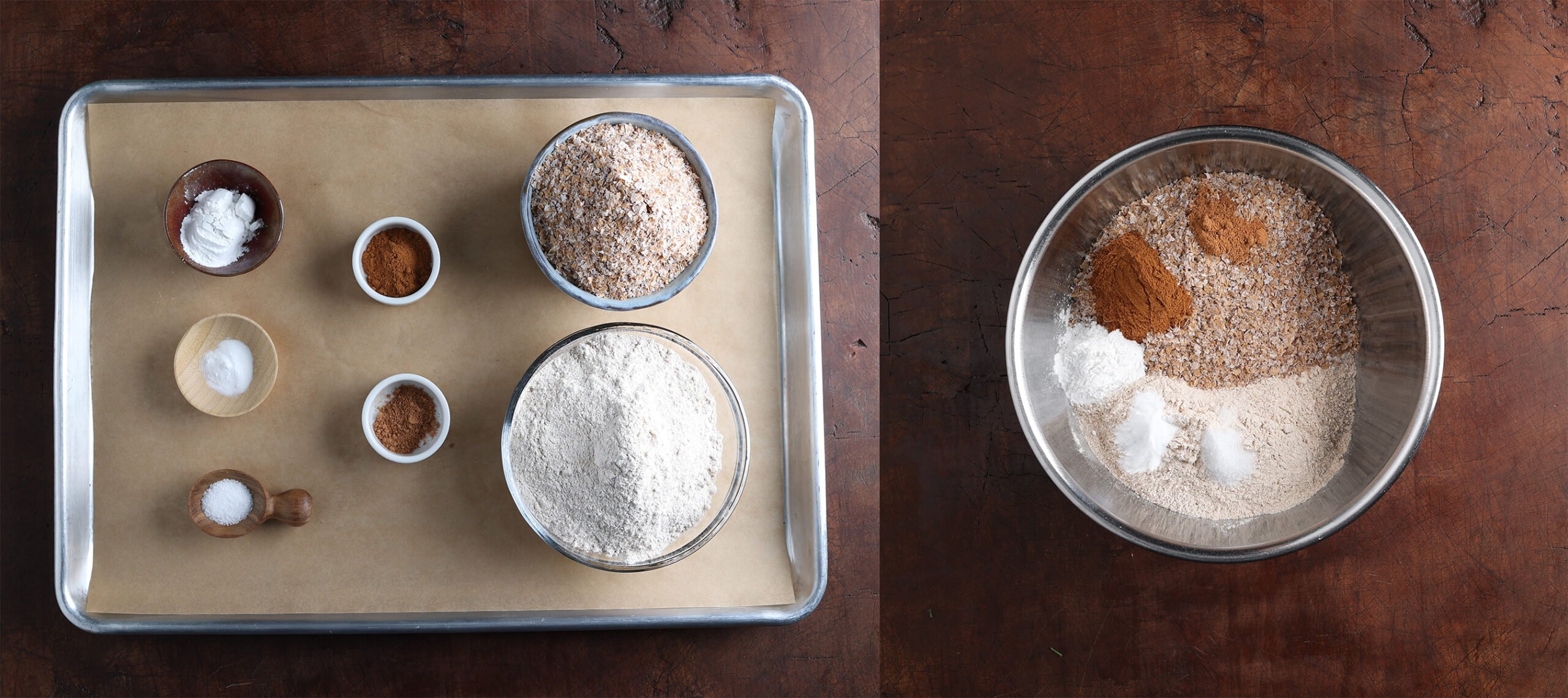 Dry ingredients used to prepare whole wheat apple muffins on a baking sheet and a second photo showing them added to a mixing bowl.