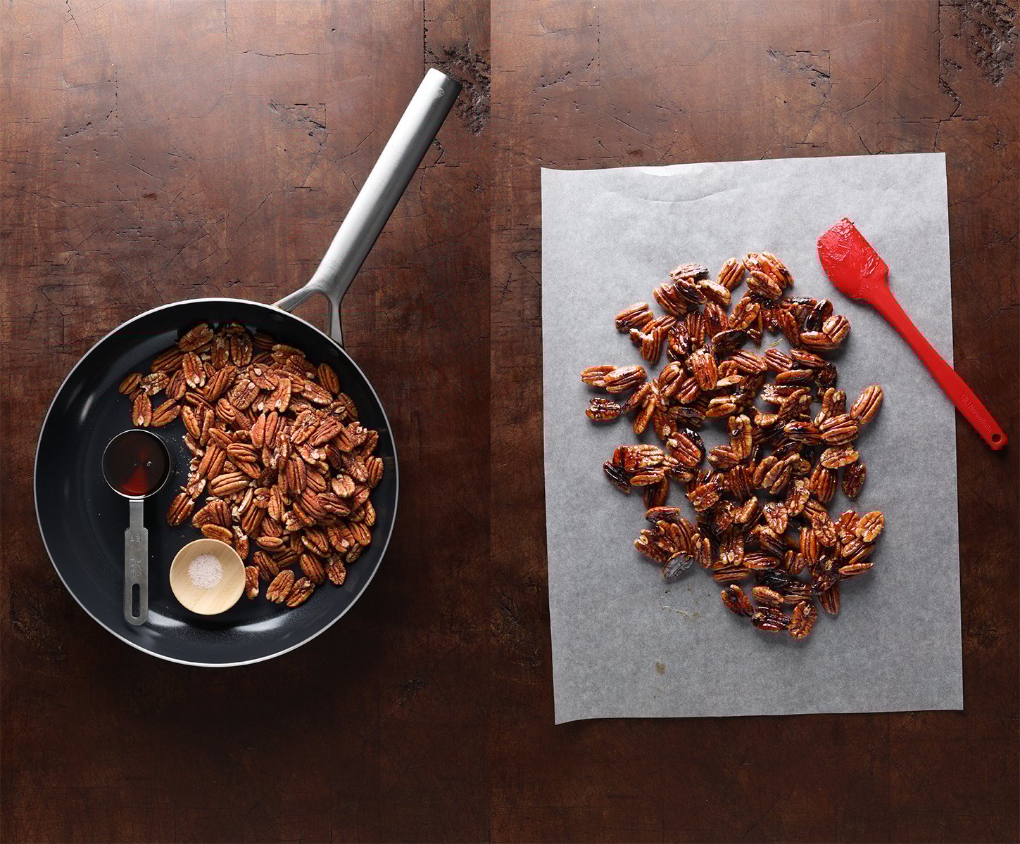 Two photo collage with ingredients measured out laying in a skillet with raw pecans in one photo and the second photo showing the pecans glazed with maple on parchment paper.