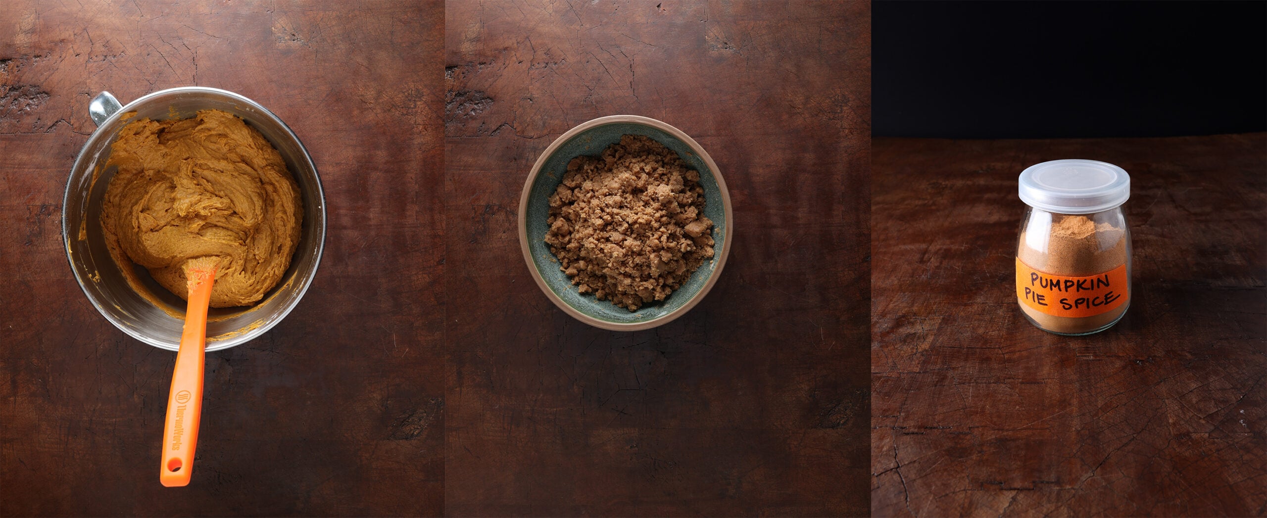 Breakfast cake batter in a bowl in photo 1, streusel mixture in a small bowl in photo 2 and a small glass jar of pumpkin pie spice blend in photo 3.