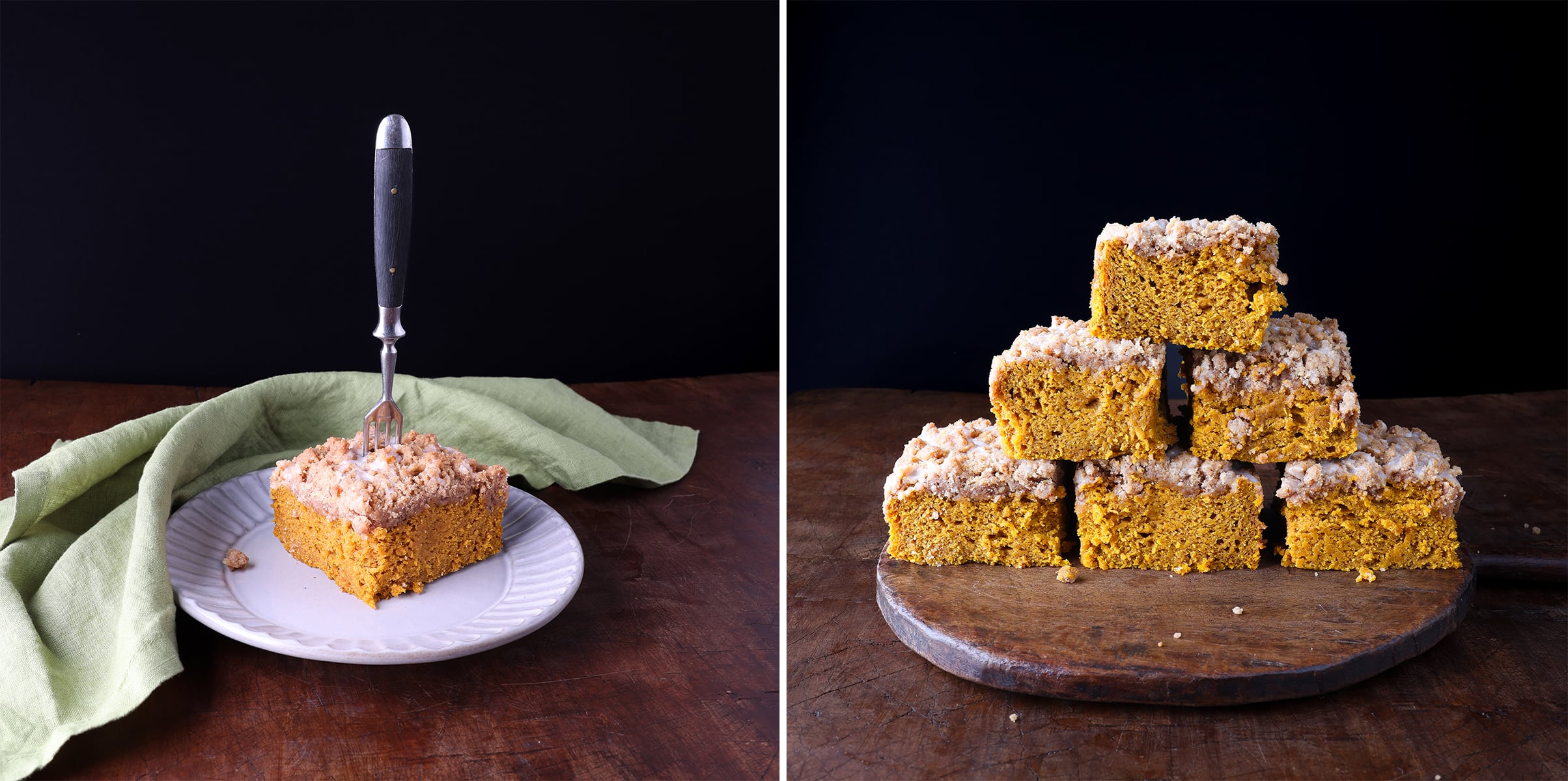Two photo collage with one slice on a small plate and another photo of square slices of pumpkin breakfast cake topped with streusel, stacked up on top of each other.