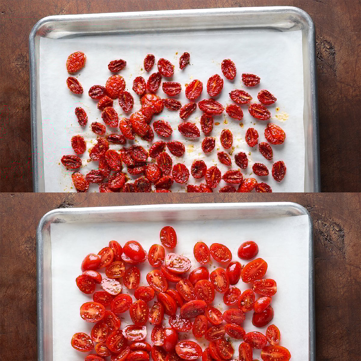 Close up of halved cherry tomatoes on a baking sheet and sun-dried tomatoes done roasting on the baking sheet.