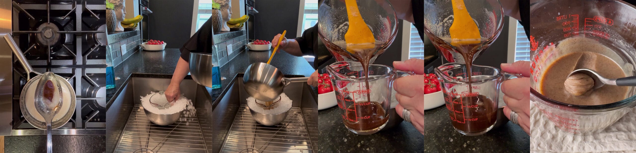 Process shots of finishing brown butter until its cooled and can be used for baking.