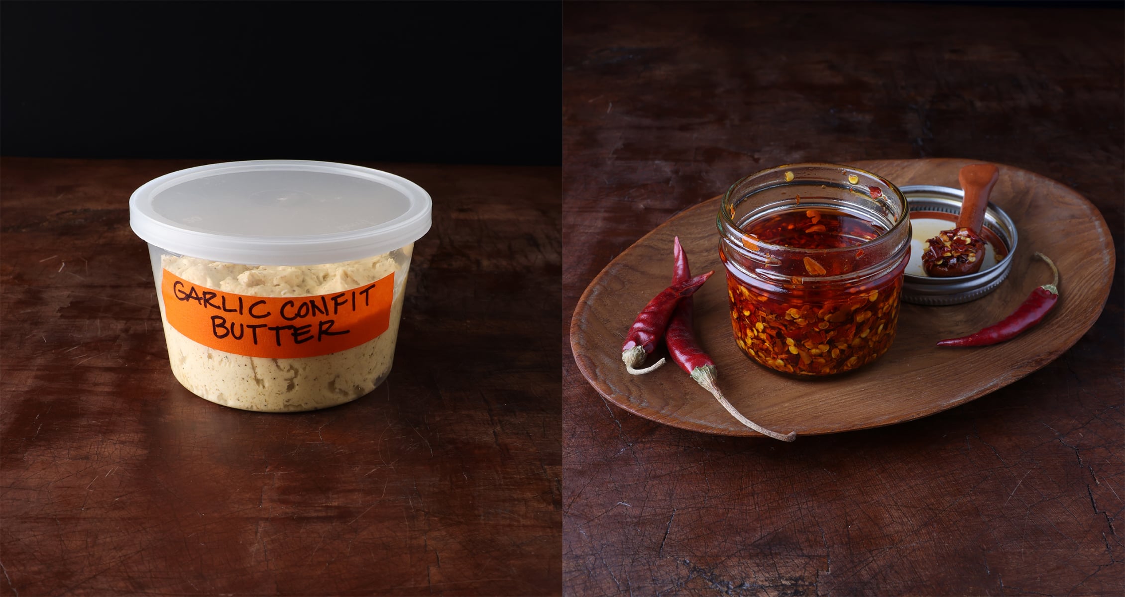 Garlic confit in a small plastic covered container and a second photo showing chile de arbol oil in a glass jar with the lid on the side.