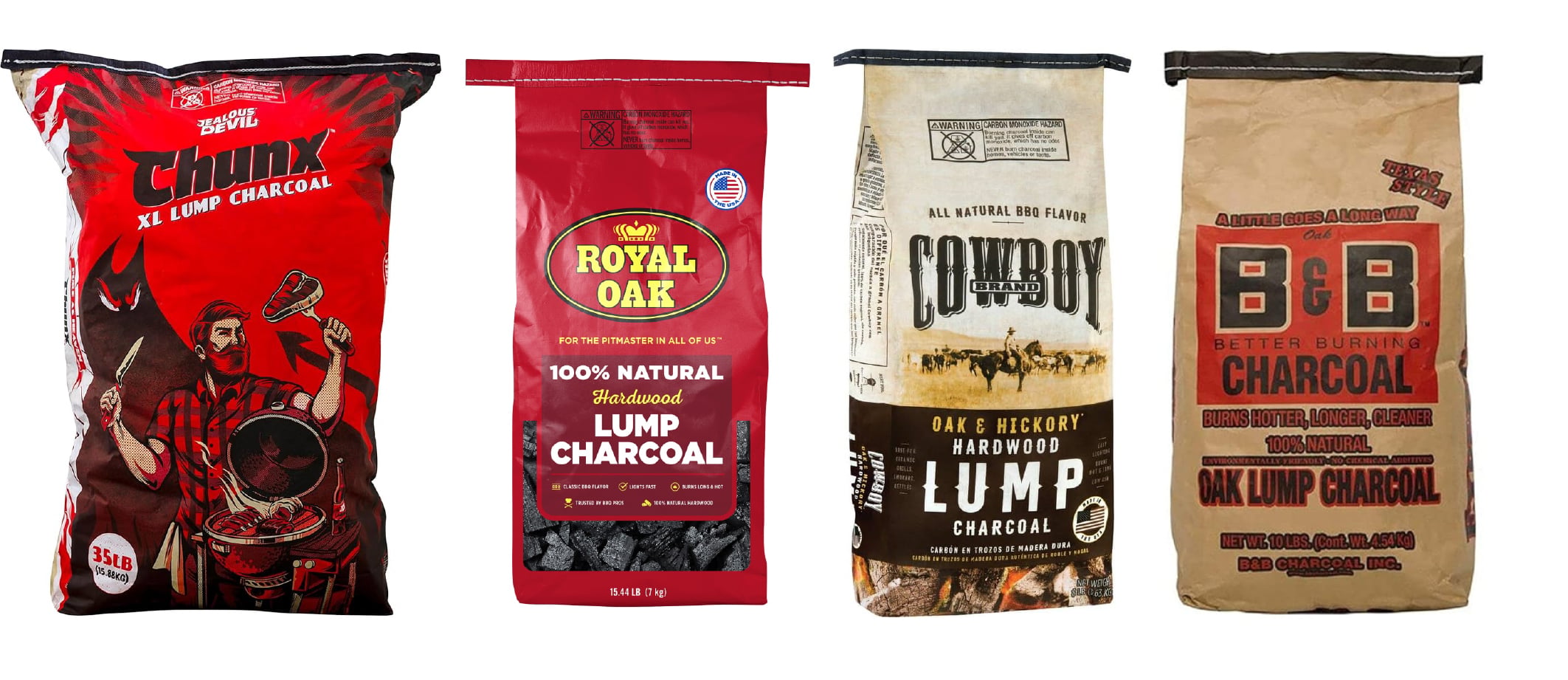 Different brands of lump coal in bags.