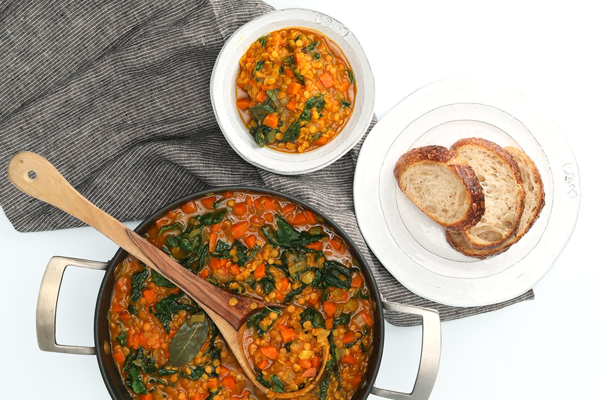 overhead photo of pumpkin red lentil soup