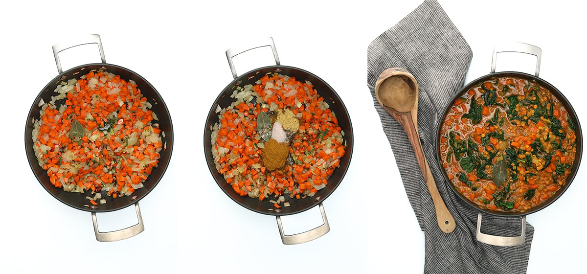 sauté, spices, and final pumpkin lentil soup.