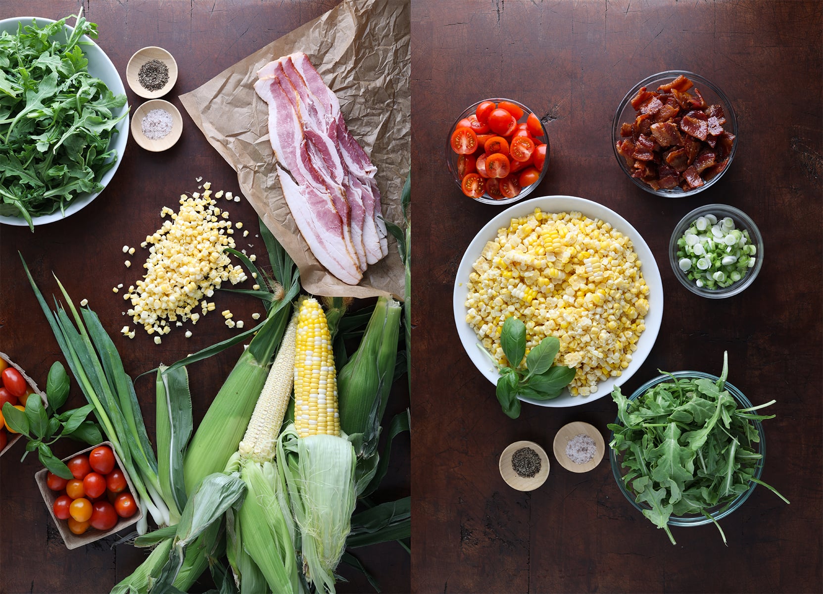 While ingredients and chopped ingredients in side by side photos.