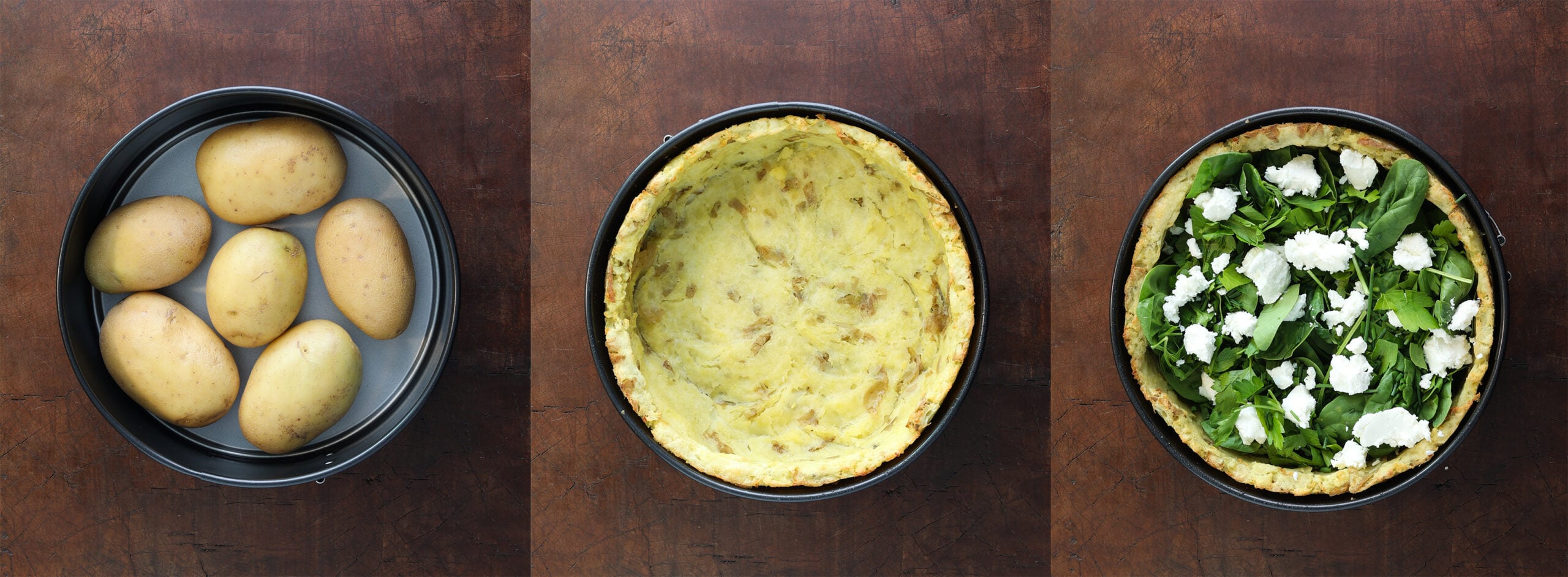 Process shots of a potato crusted quiche with mushrooms and goat cheese.