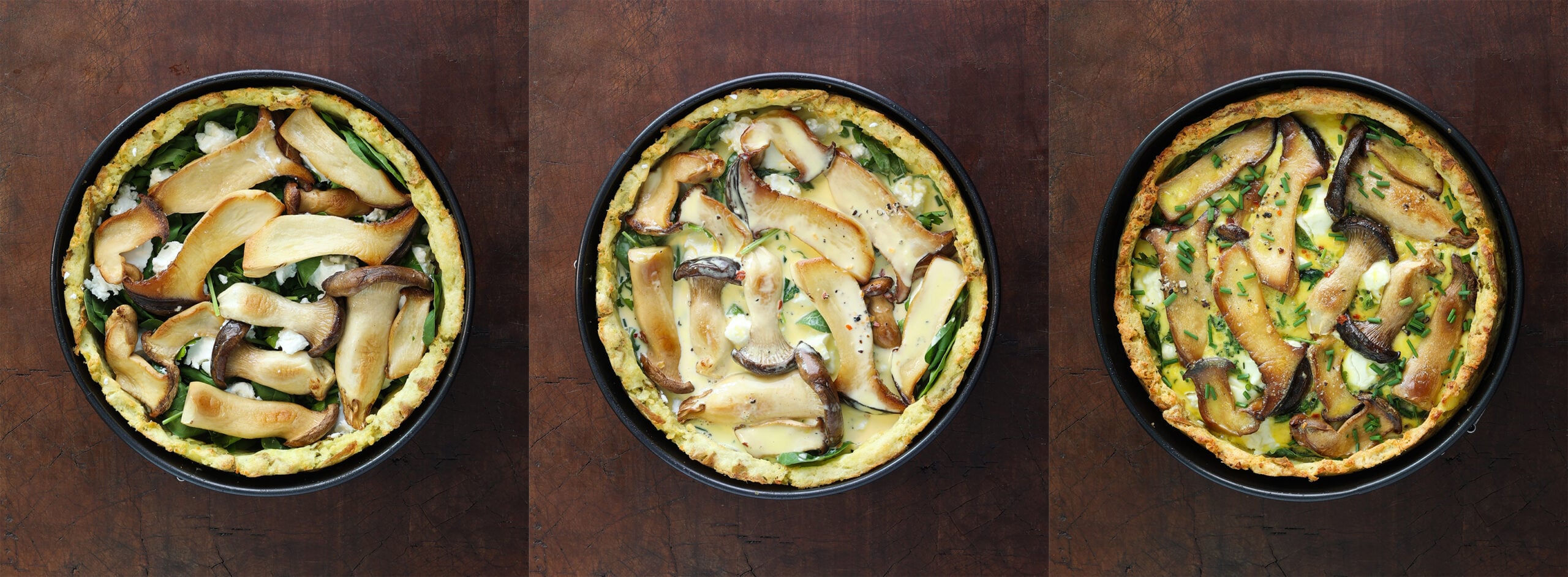 Process shots of a potato crusted quiche with mushrooms and goat cheese.