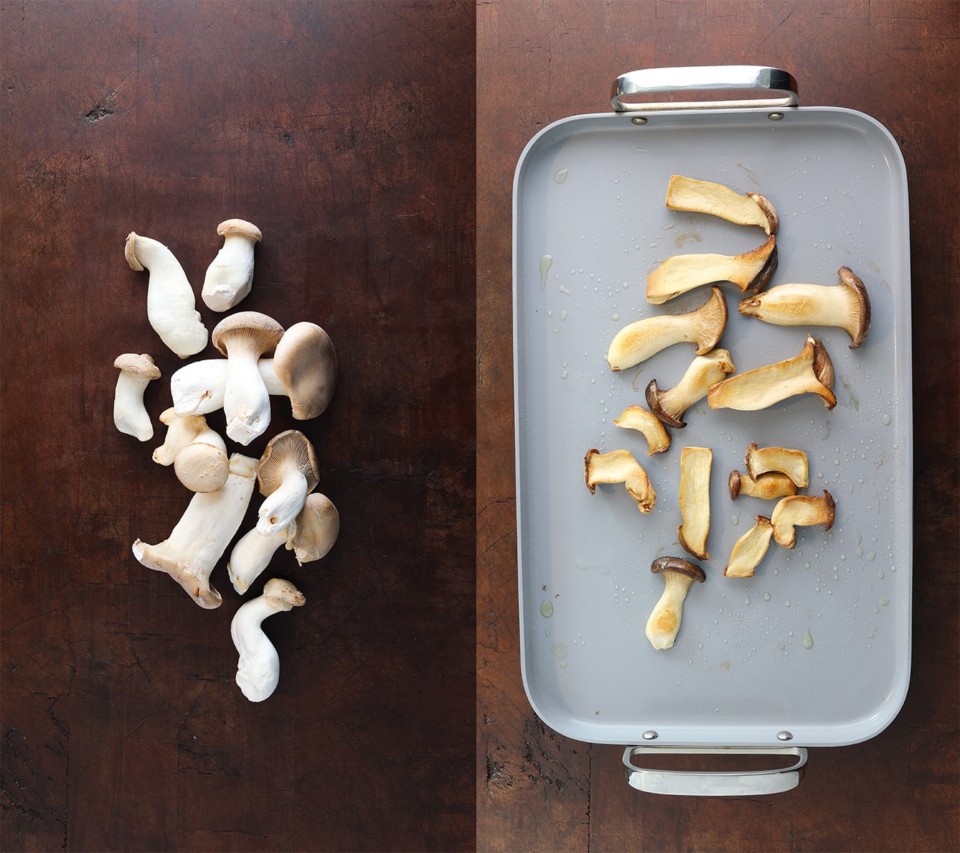 Process shots of king trumpet mushrooms being roasted before adding to a quiche.