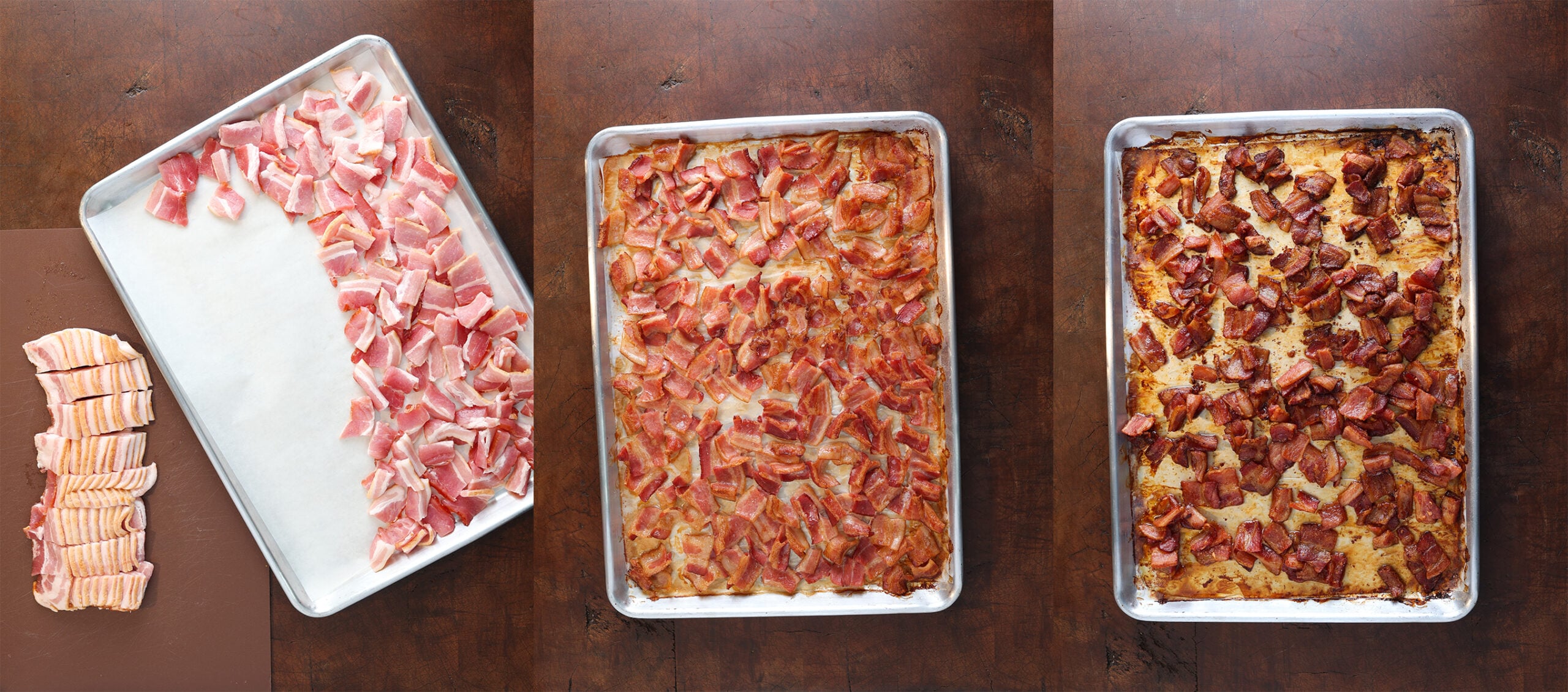 Process shots of raw bacon chopped into pieces and then baked at various lengths to get bacon pieces to use in cooking.