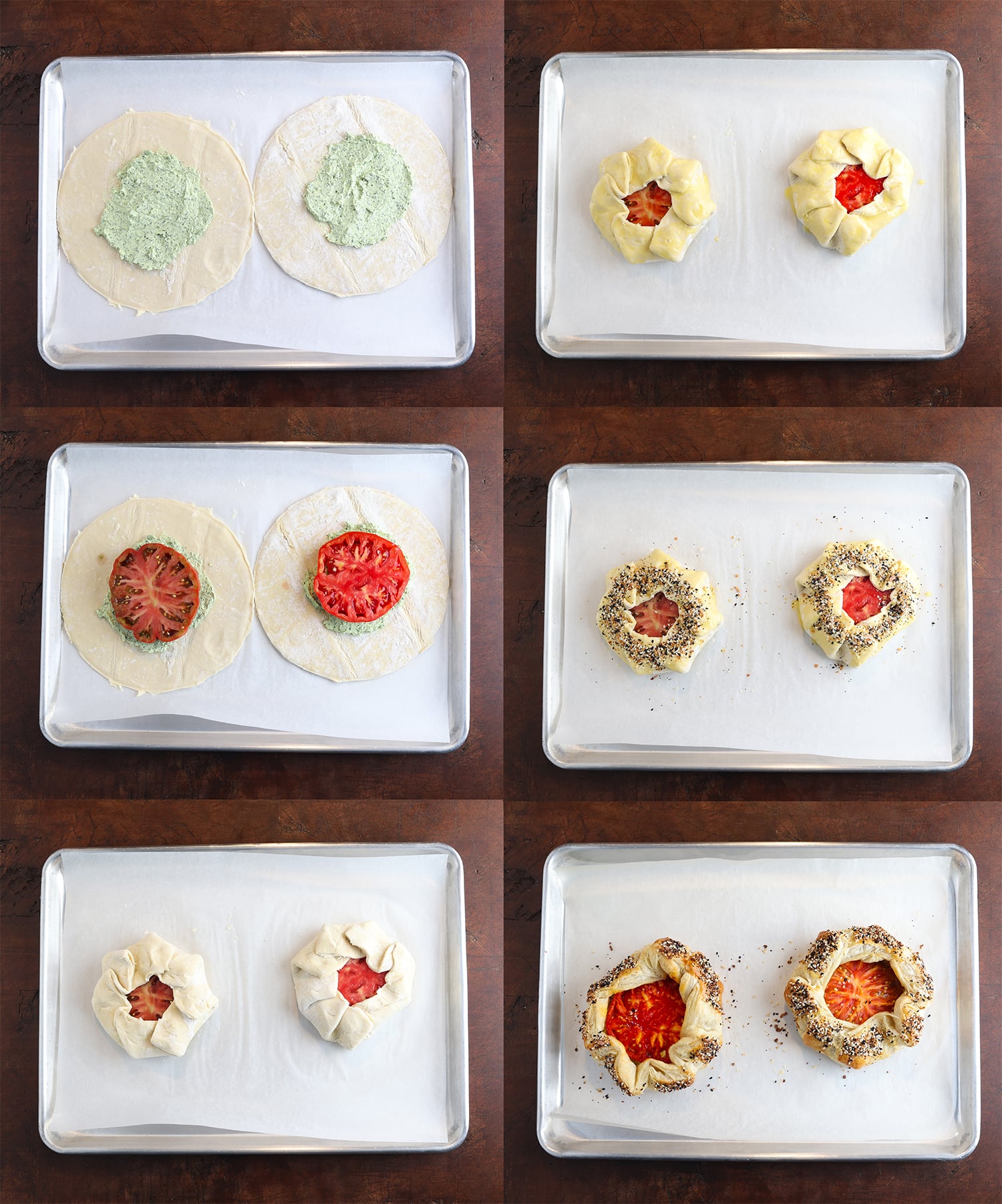 Process shots of how to prepare tomato galettes.