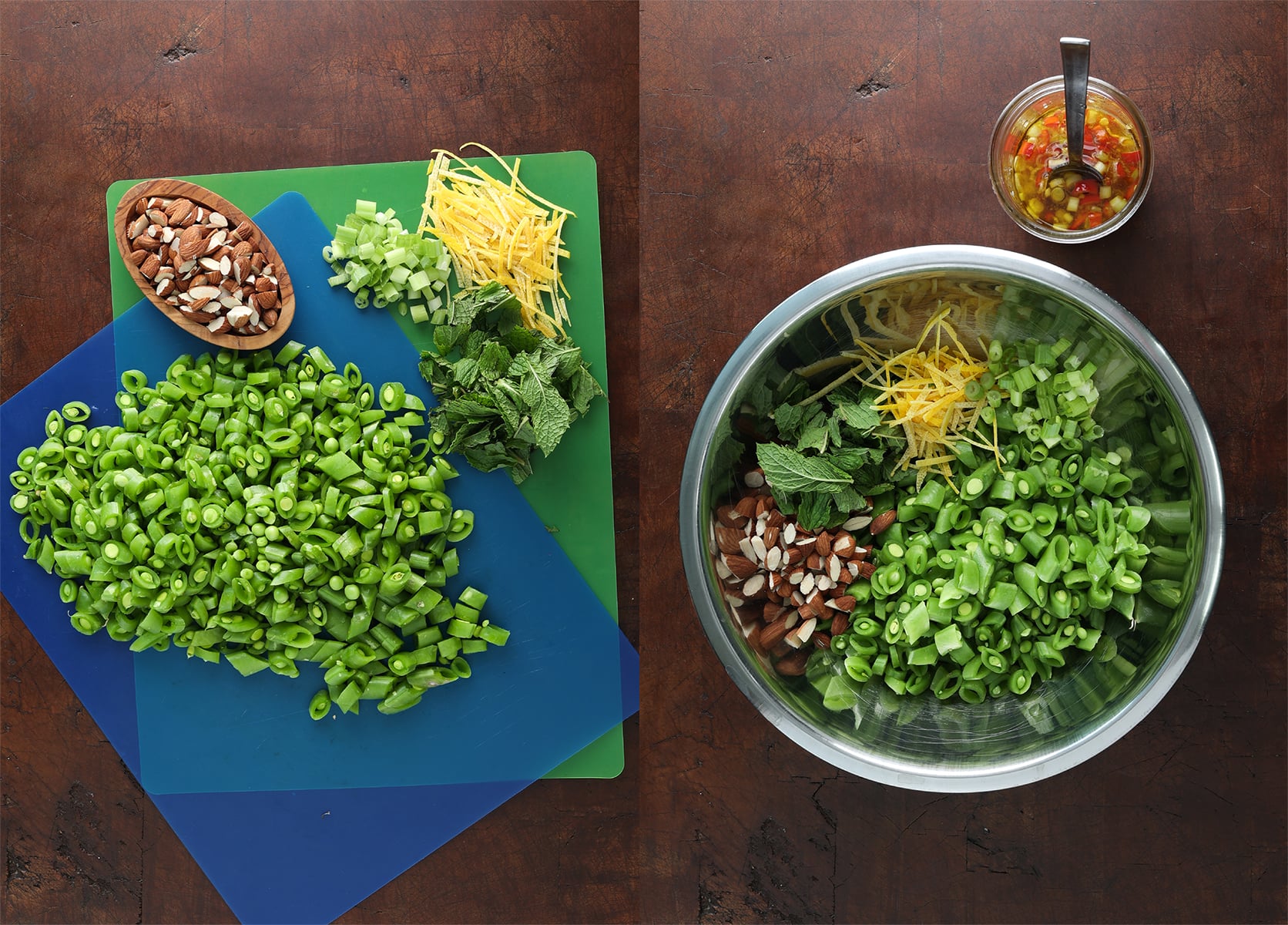 Chopped sugar snap pea, chopped almonds, sliced green onions, chopped mint and lemon zest.