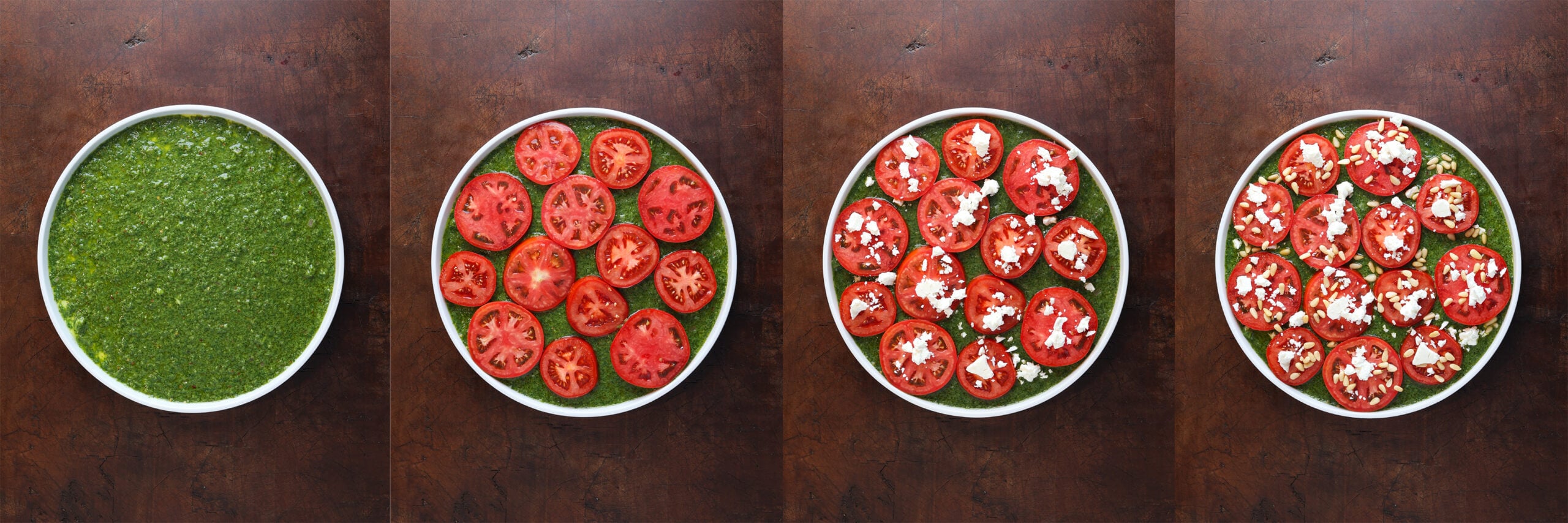 Process shots to prepare tomato carpaccio with basil vinaigrette.