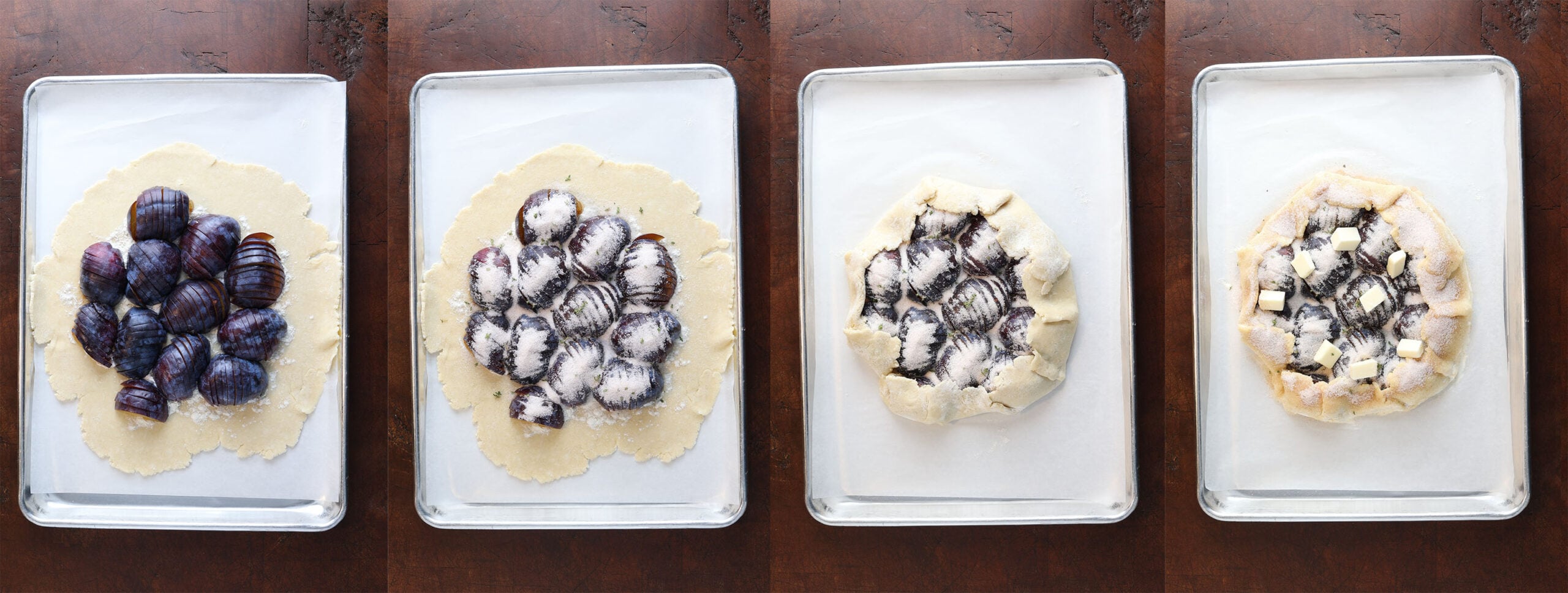 Process shots of assembling the plum galette.