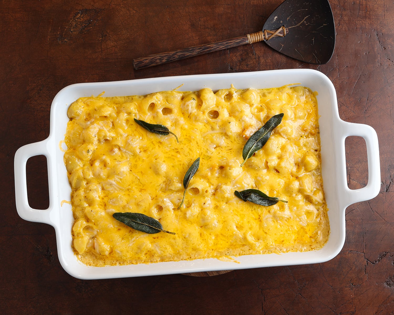 Piping hot mac and cheese with butternut squash in a rectangular baking dish.