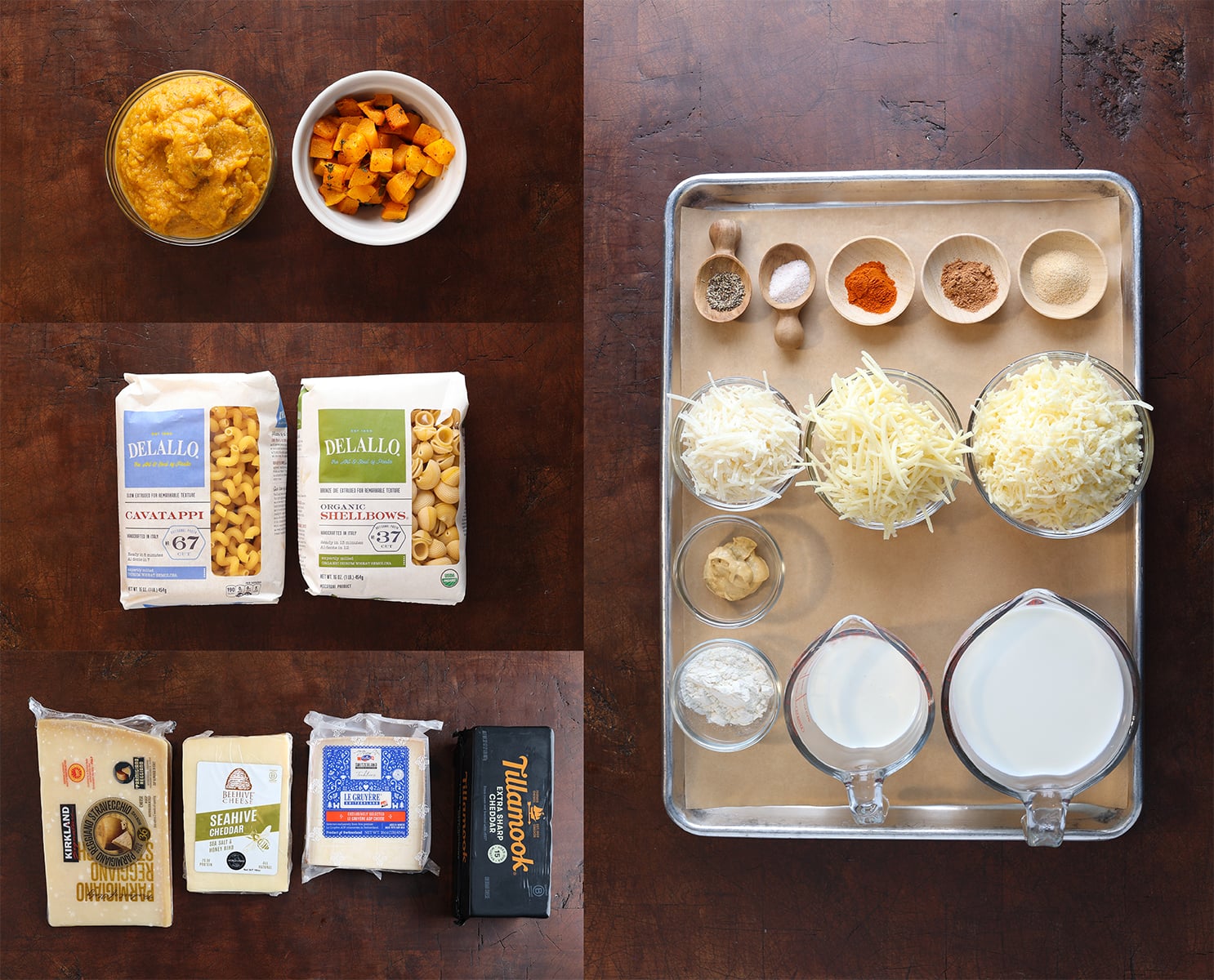 Ingredients laid out to show what to use when preparing butternut squash mac and cheese.