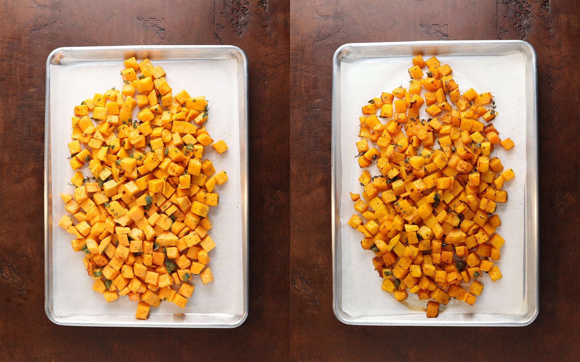 Cubed and seasoned butternut squash on a baking sheet and a second shot showing the squash roasted.