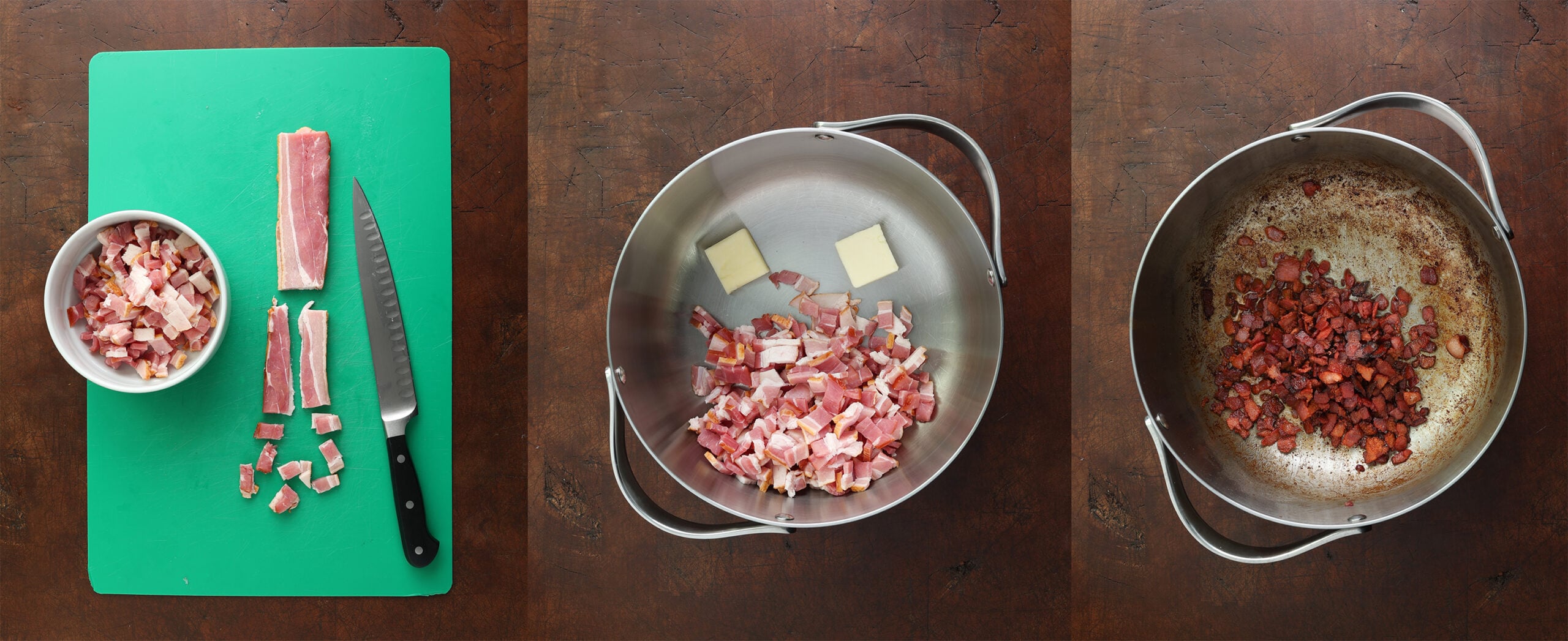 Process shots of frying up crispy bacon bits.