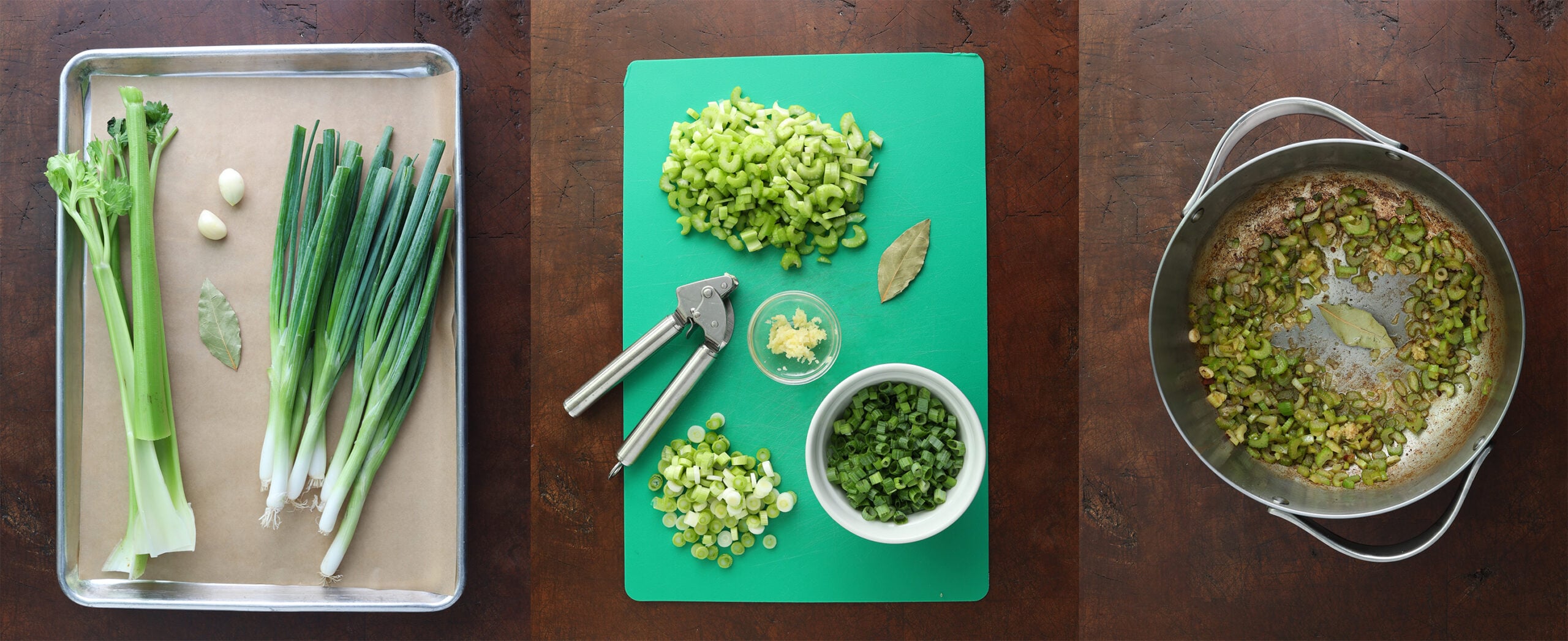 Process shots of chopping. slicing and sauteeing the veggies.