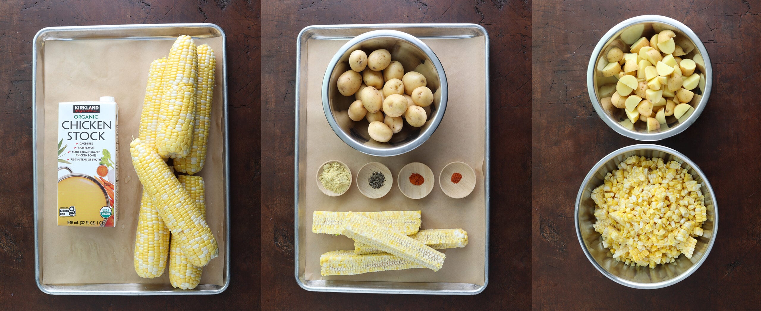 Process shots of corn on the cob and potatoes being prepped for making a fresh corn chowder.