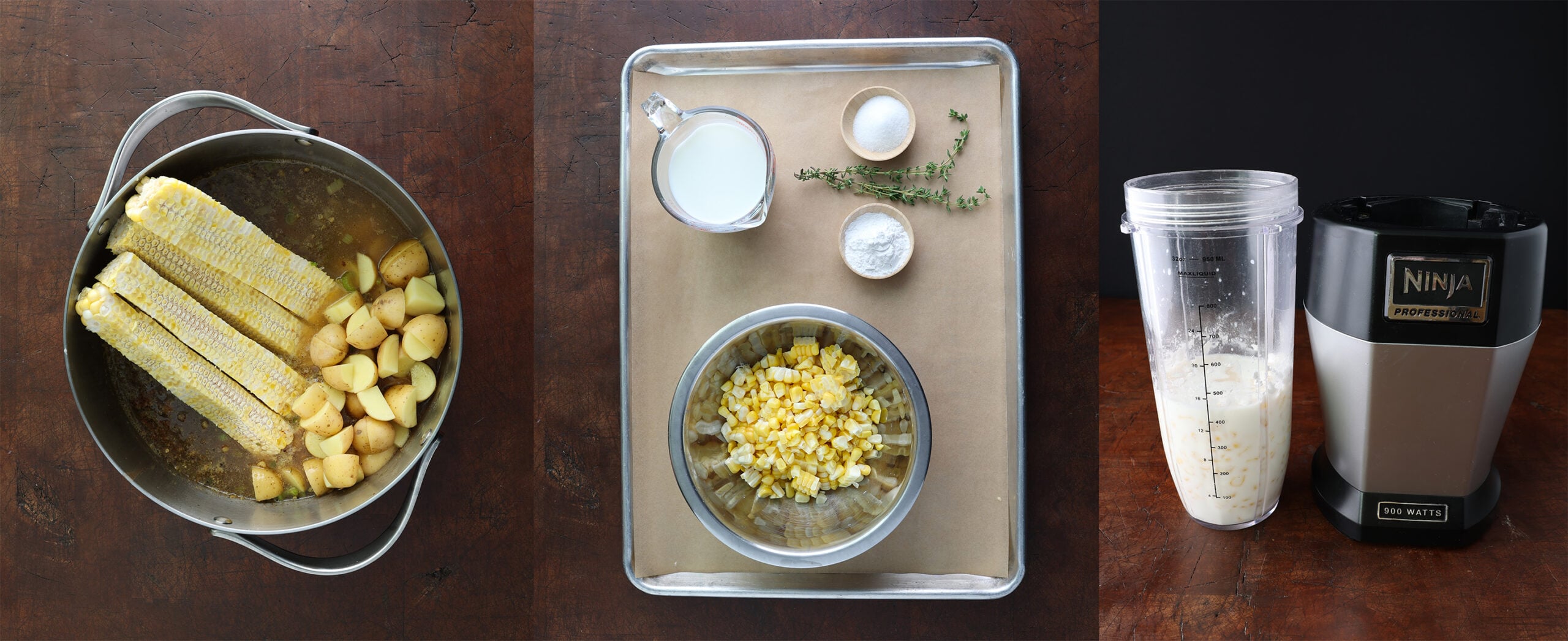 Cobs without corn on laying in a pan with sliced baby potatoes and another shot of ingredients measured out in small dishes alongside the corn sliced off the cob and a third show showing corn, cream and starch added to a Ninja blender.